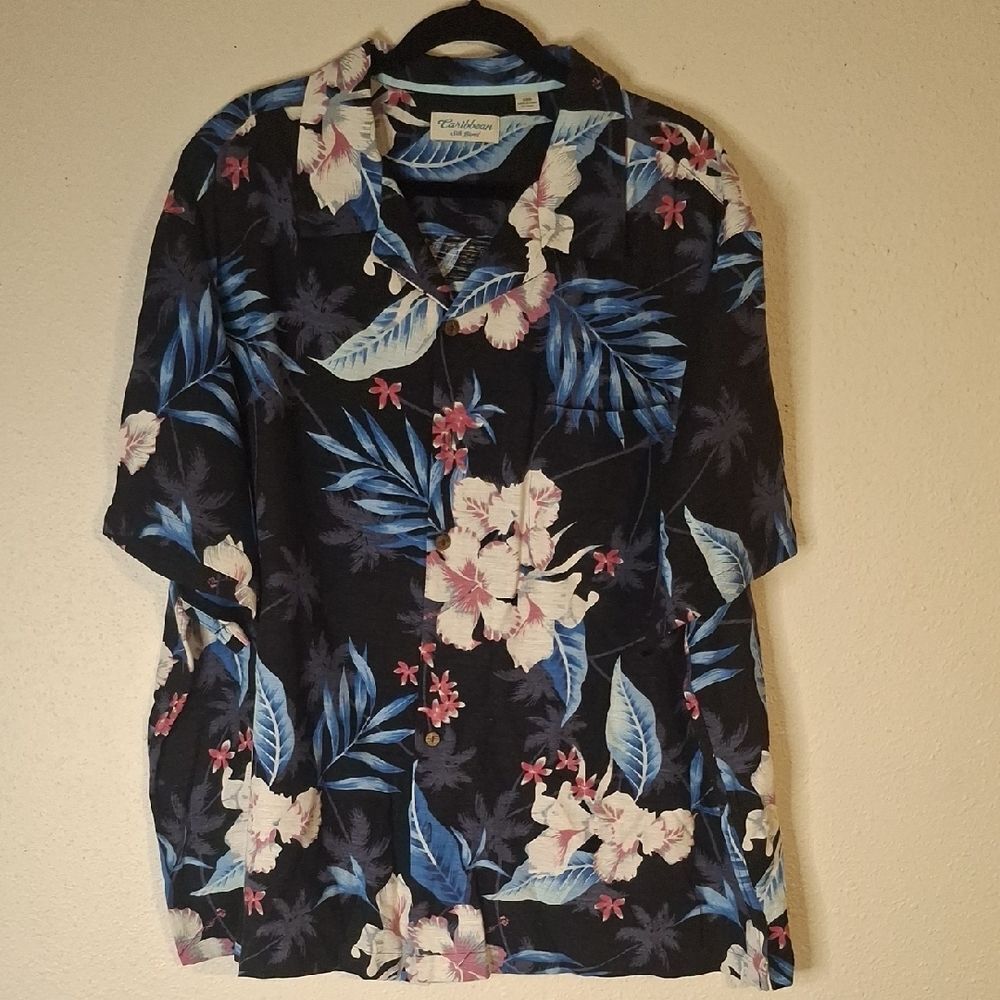 Caribbean Silk Blend Blue Casual Tropical Floral Design size 3XB